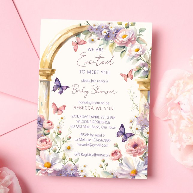 Knäckdusch för trädgårdsädesskinka inbjudningar (Enchanted garden pastel flowers butterflies baby shower template invitation digital download)
