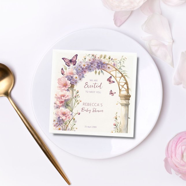 Knäckdusch för trädgårdsädesskinka pappersservett (Enchanted garden baby shower personalized tableware pastel butterflies baby shower template napkins)