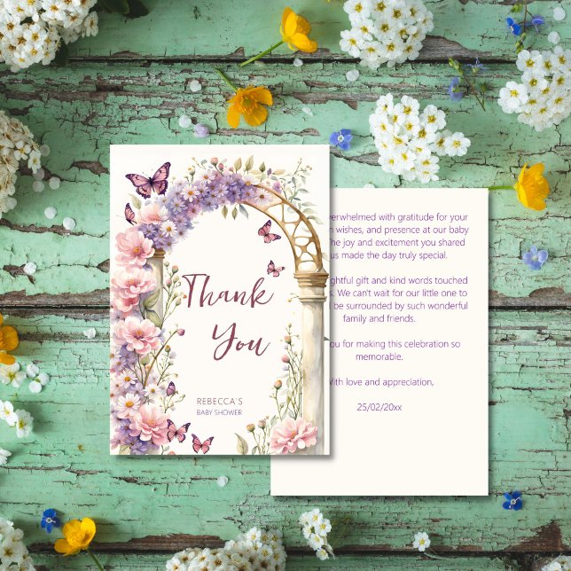 Knäckdusch för trädgårdsädesskinka tack kort (Enchanted garden pastel butterflies baby shower thank you card vintage floral arch watercolor)