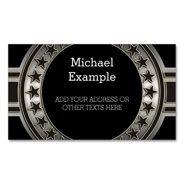 Knapp / Banner - Stars silver svart + din backg. Magnetiska Visitkort (Framsida)