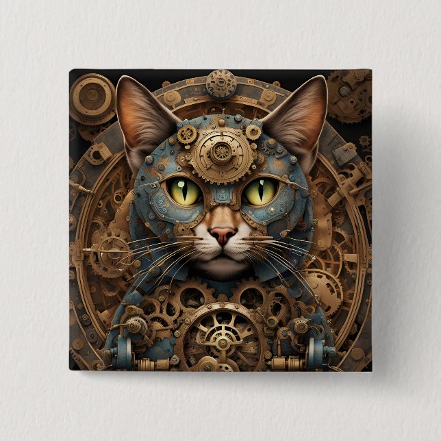 knapp för blå steampunk-katt-AI-konst (Framsida)