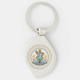 Knapp för Blommigt av orange Swirl Silverfärgad Nyckelring