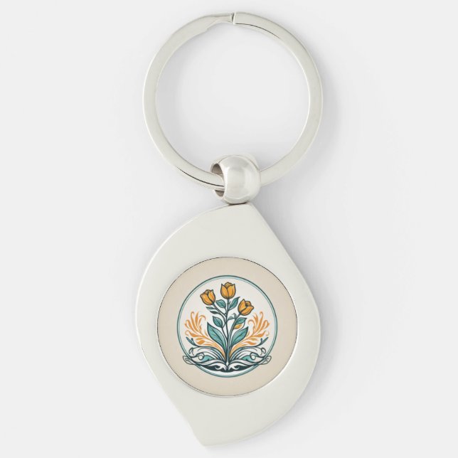 Knapp för Blommigt av orange Swirl Silverfärgad Nyckelring (Framsidan)