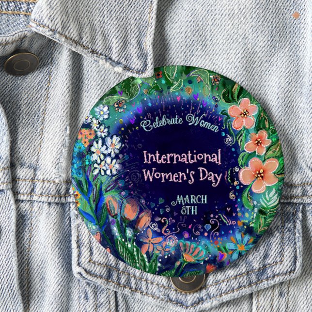 Knapp för vattenfärgning, Blommigt, kvinnodag (Watercolor Floral Women's Day Button)