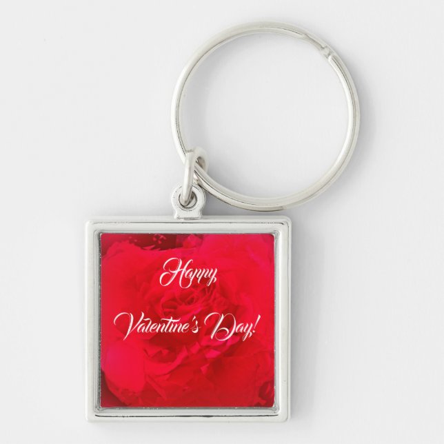 Knapp Keychain Röd ros Valentindagen Fyrkantig Silverfärgad Nyckelring (Framsidan)