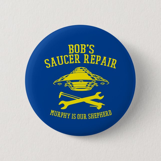 knapp med Bob Saucer Repair logotyp (Framsida)