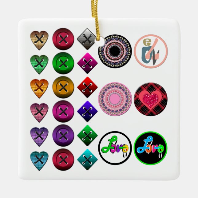 Knappar för tecknad, ljusa, färgstarka, vita bakgr julgransprydnad keramik (Framsida)
