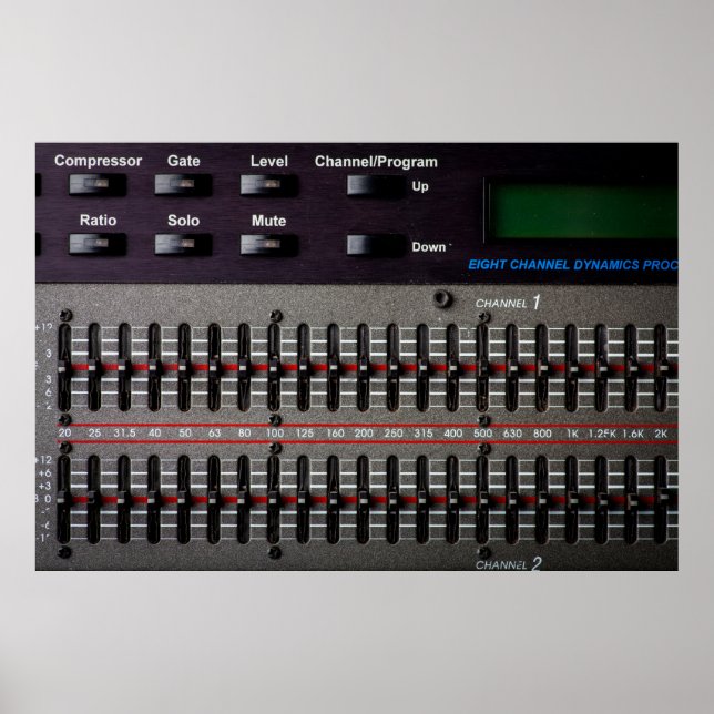 Knappar på en ljud-blandare i en inspelningsstudio poster (Framsidan)