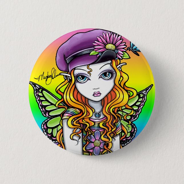 "Knäppas den soliga" gulliga regnbågefjärilsfen Knapp (Framsida)