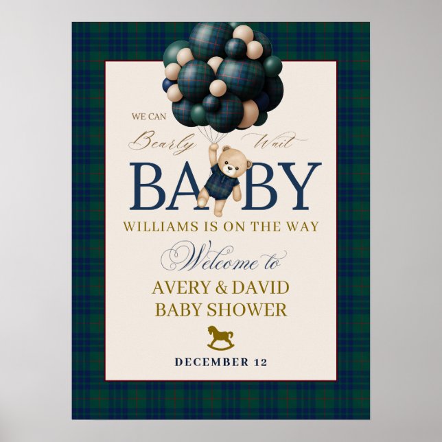 Knappast väntar Preppy Teddy Ballong Baby Shower Poster (Framsidan)