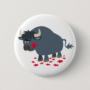 Knappbrickan Cute Tecknad Bull och Red Bloom Knapp