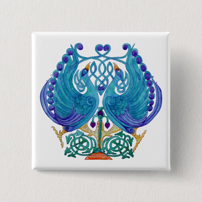 Knappen Celtic Peacocks Square Badge Knapp (Framsida)