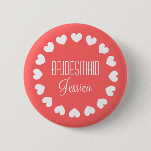 Knappen Coral rosa bridesmaid med vita hjärtan Knapp