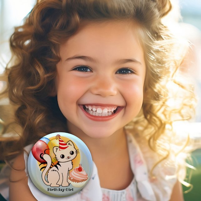 Knappen Cute Colorful Kattunge Birthday Knapp (Cute kitty festive birthday button featuring a kitten with balloons and a cupcake - birthday girl)