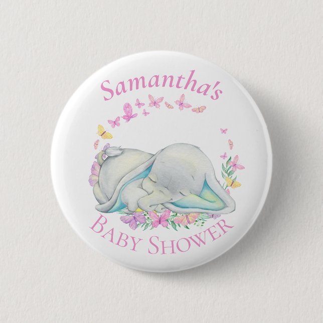 Knappen Cute Elephant Butterflies Blue Baby Shower Knapp (Framsida)