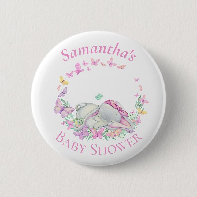 Knappen Cute Elephant Butterflies Rosa Baby Shower Knapp (Framsida)