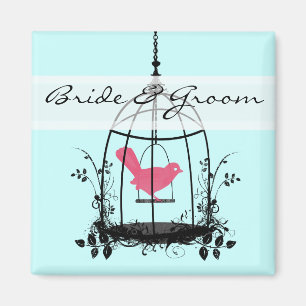 Knappen Cute Rosa Bird Bride & Groom Bröllop Badge Magnet