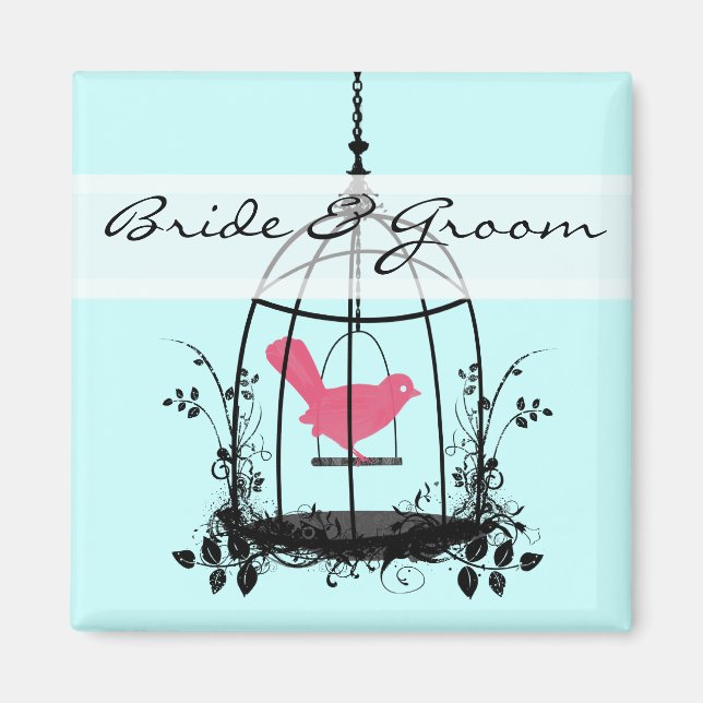 Knappen Cute Rosa Bird Bride & Groom Bröllop Badge Magnet (Framsidan)