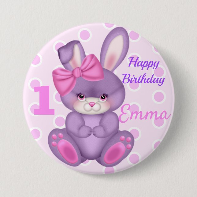 Knappen Cute Rosa Bunny Girls Birthday Namn & Age Knapp (Framsida)