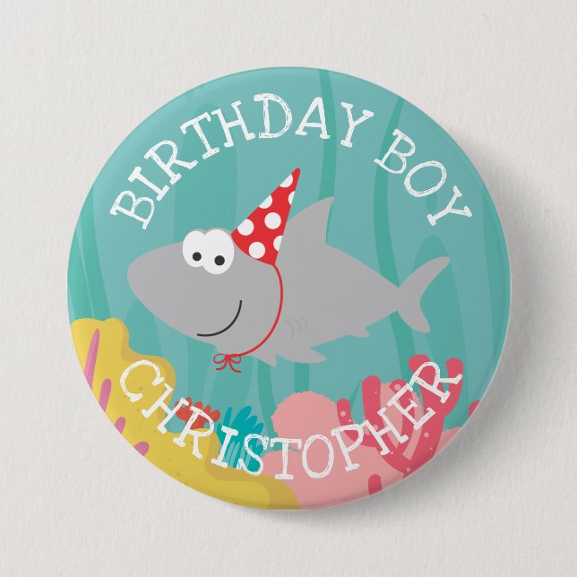 Knappen Cute Shark Boy Birthday 3" Knapp (Framsida)