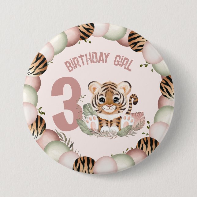 Knappen Cute Tiger Safari Birthday Girl Knapp (Framsida)