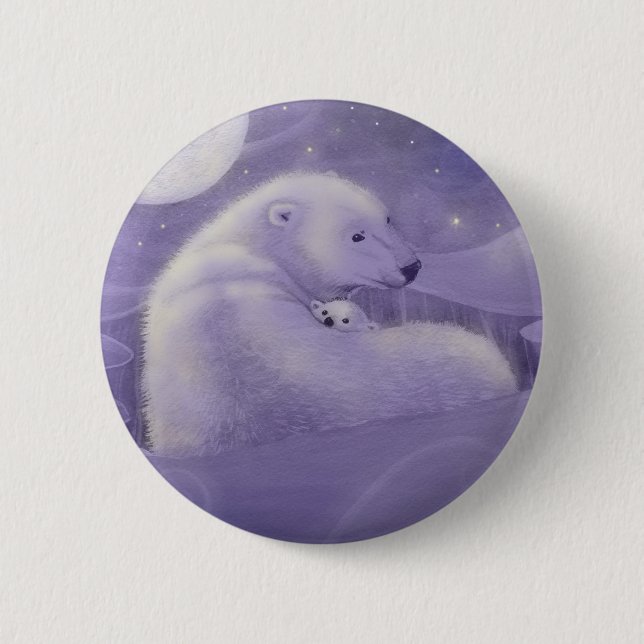 Knappen Gentle Winter Polar Bear och Unge Pinback Knapp (Framsida)