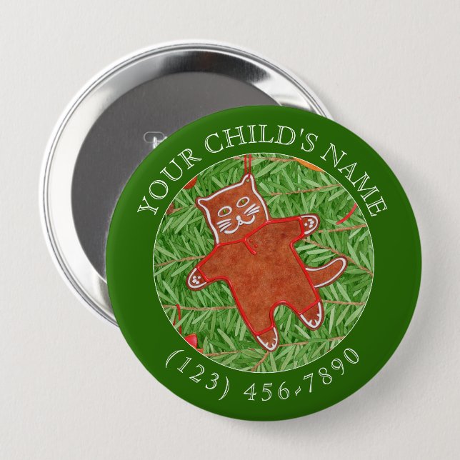 Knappen GINGERBREAD KATTUNGE Child ID - Grönt Knapp (Framsida & baksida)