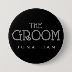 Knappen Groom Silver Faux Glitter Namn bricka Knapp