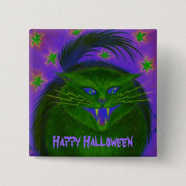Knappen Happy halloween i Grönten Scary Cat Knapp (Framsida)