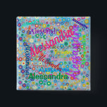 Knappen Namn Collage with Flowers Personlig Knapp<br><div class="desc">Den här kommandoknappen har en färgstark design där namn som du väljer visas i flera olika typsnitt och färg. Namn visas över en blå bakgrund med färgstarka blommor. Underbar som namntagg eller bara för roligt!</div>