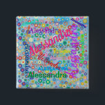 Knappen Namn Collage with Flowers Personlig Knapp<br><div class="desc">Den här kommandoknappen har en färgstark design där namn som du väljer visas i flera olika typsnitt och färg. Namn visas över en blå bakgrund med färgstarka blommor. Underbar som namntagg eller bara för roligt!</div>