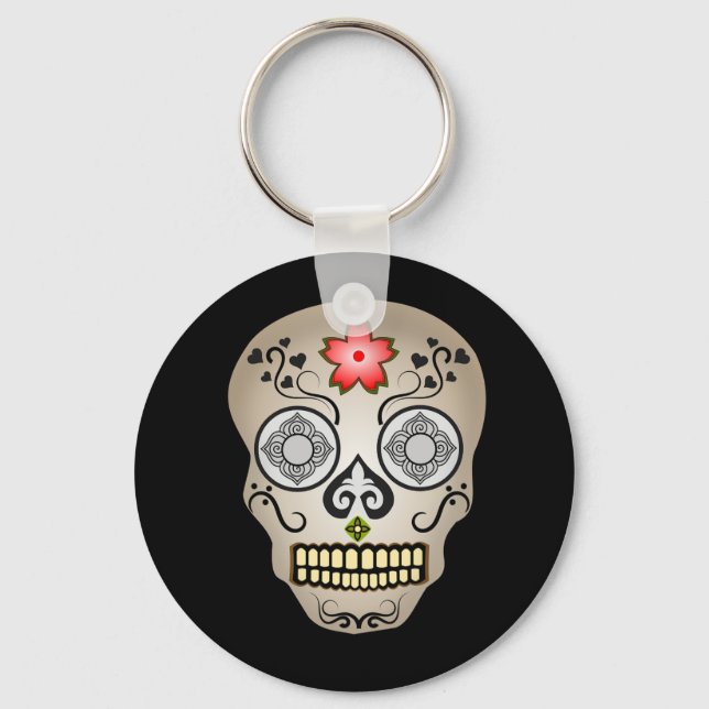 Knappen Red Flower Sugar Skull-nyckelkedja Nyckelring (Framsida)