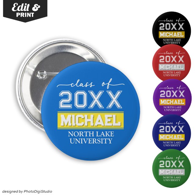 Knappen Redigerbar Studenten med Namn & School Knapp (Editable Graduation Button with Name & School, Custom Graduation Button, Blue Yellow Graduate Pin )