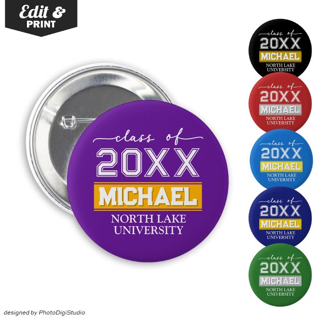Knappen Redigerbar Studenten med Namn & School Knapp (Editable Graduation Button with Name & School, Custom Graduation Button, Purple Gold Graduate Pin )