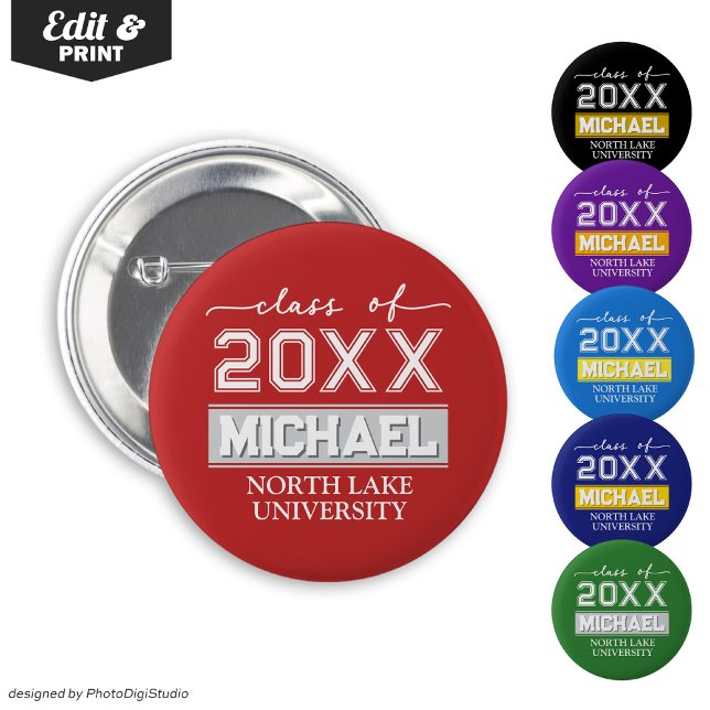 Knappen Redigerbar Studenten med Namn & School Knapp (Editable Graduation Button with Name & School, Custom Graduation Button, Red White Graduate Pin )