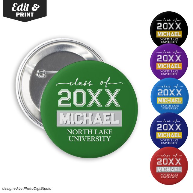 Knappen Redigerbar Studenten med Namn & School Knapp (Editable Graduation Button with Name & School, Custom Graduation Button, Green White Graduate Pin )