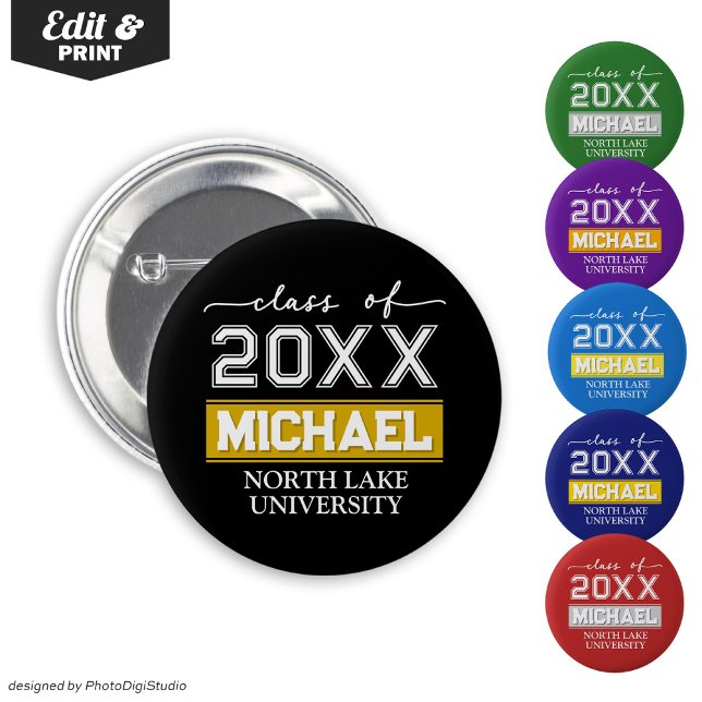 Knappen Redigerbar Studenten med Namn & School Knapp (Editable Graduation Button with Name & School, Custom Graduation Button, Black Gold Graduate Pin )