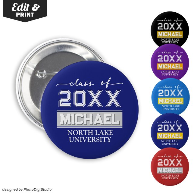 Knappen Redigerbar Studenten med Namn & School Knapp (Editable Graduation Button with Name & School, Custom Graduation Button, Blue Silver Graduate Pin )