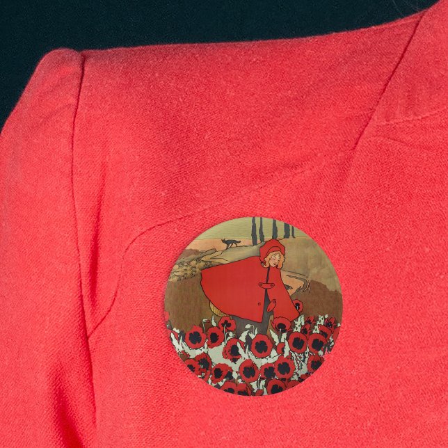 Knappen Röda Huvor Picking Poppies Knapp (Red Riding hood in red cape picking red poppy flowers in field wolf on round pink back button.)