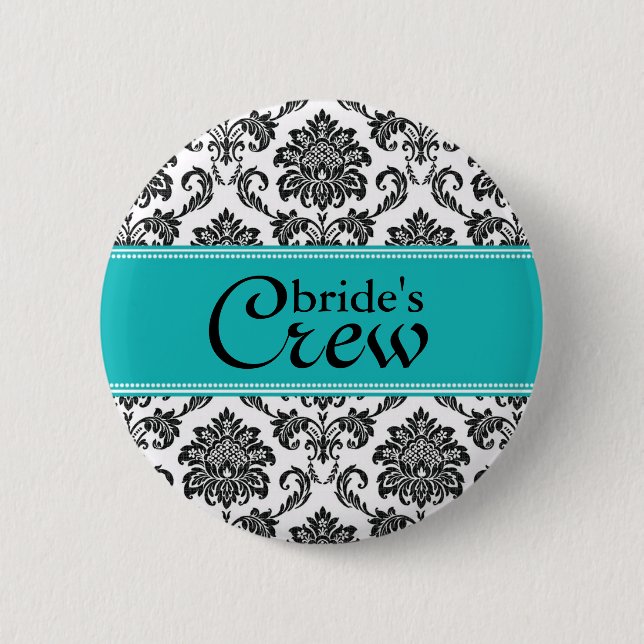 Knappen Teal Damask Bride's Crew Knapp (Framsida)
