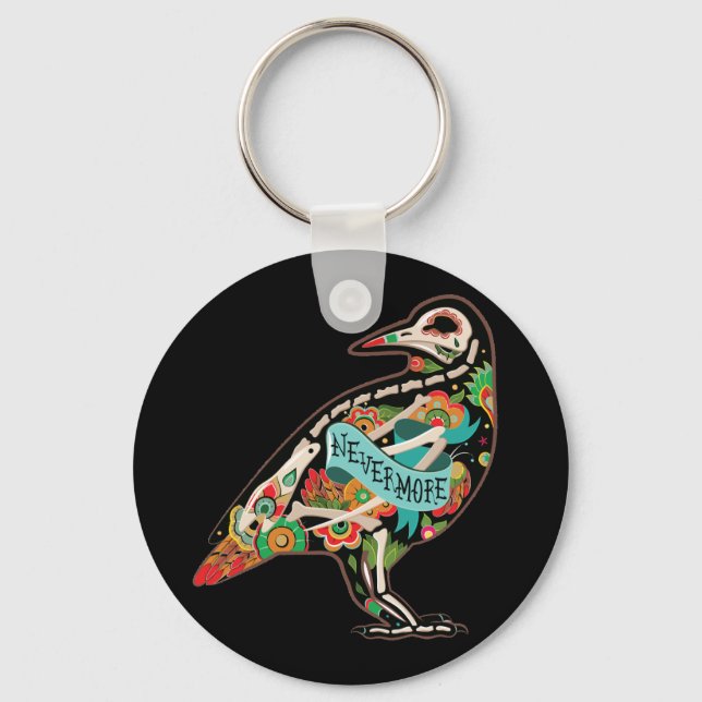 Knappkedjan Sugar Skull Raven Button Keychain Nyckelring (Framsida)