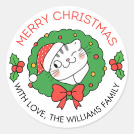 Knappt juletikett Stickers med katt och andedräkt Runt Klistermärke
