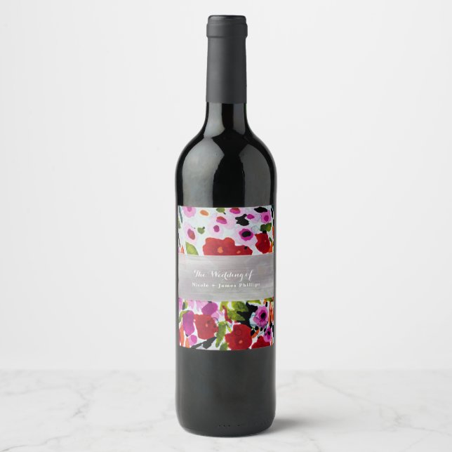 Knapptäckande färgrika akvarellblommor vinflaska etikett (Framsida)