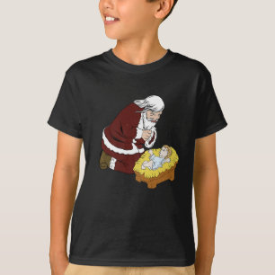 Kneeling Jultomten med Baby Jesus T- Jul T Shirt