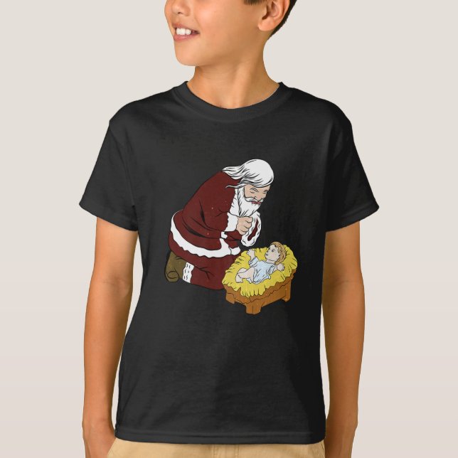 Kneeling Jultomten med Baby Jesus T- Jul T Shirt (Framsida)