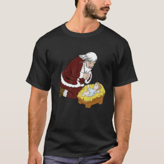 Kneeling Jultomten med Baby Jesus T- Jul T Shirt
