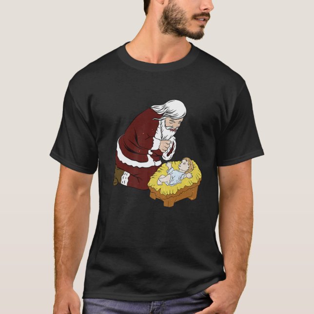 Kneeling Jultomten med Baby Jesus T- Jul T Shirt (Framsida)