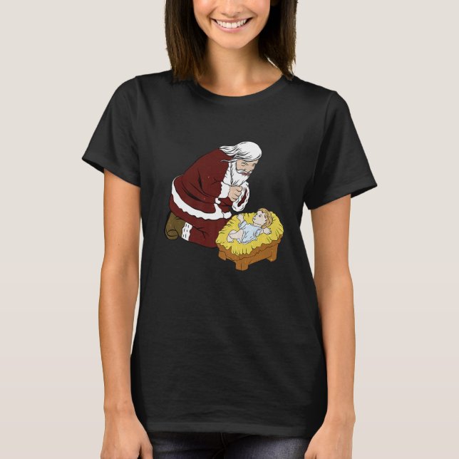 Kneeling Jultomten med Baby Jesus T- Jul T Shirt (Framsida)