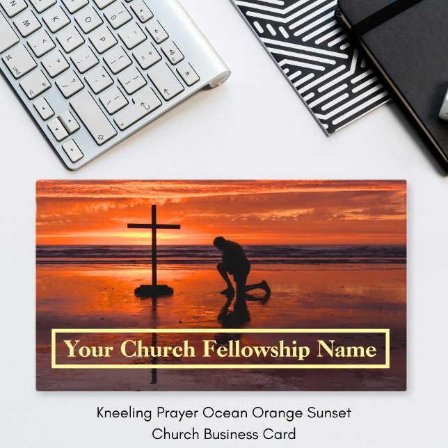 Kneeling Prayer Ocean Orange Sunset Church Pastor Visitkort (Kneeling Prayer Ocean Orange Sunset Church Pastor Business Card)