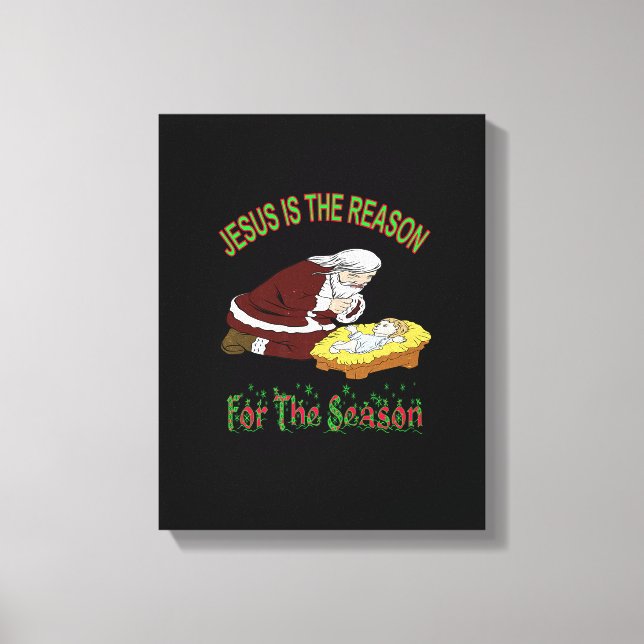 Kneeling Santa med Baby Jesus är Reason T-Shi Canvastryck (Framsida)
